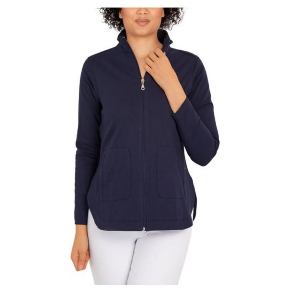 Ruby Rd Women's Casual Twill Pocket Zip-Up Jacket Top in Navy Blue